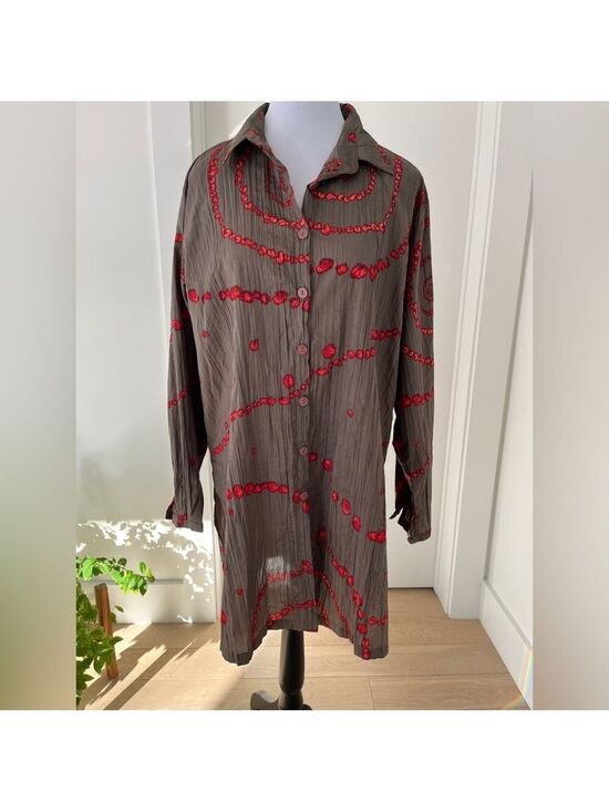 Tara Vao Tops - TARA VAO Tunic Blouse Button Front Spiral Splatter Pattern Crinkle Fabric Artsy